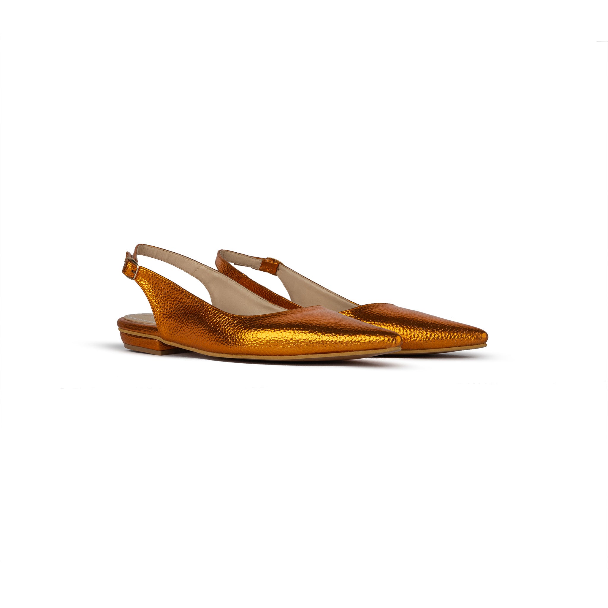 Pointed Toe Sling Back Flats - Shinny Copper