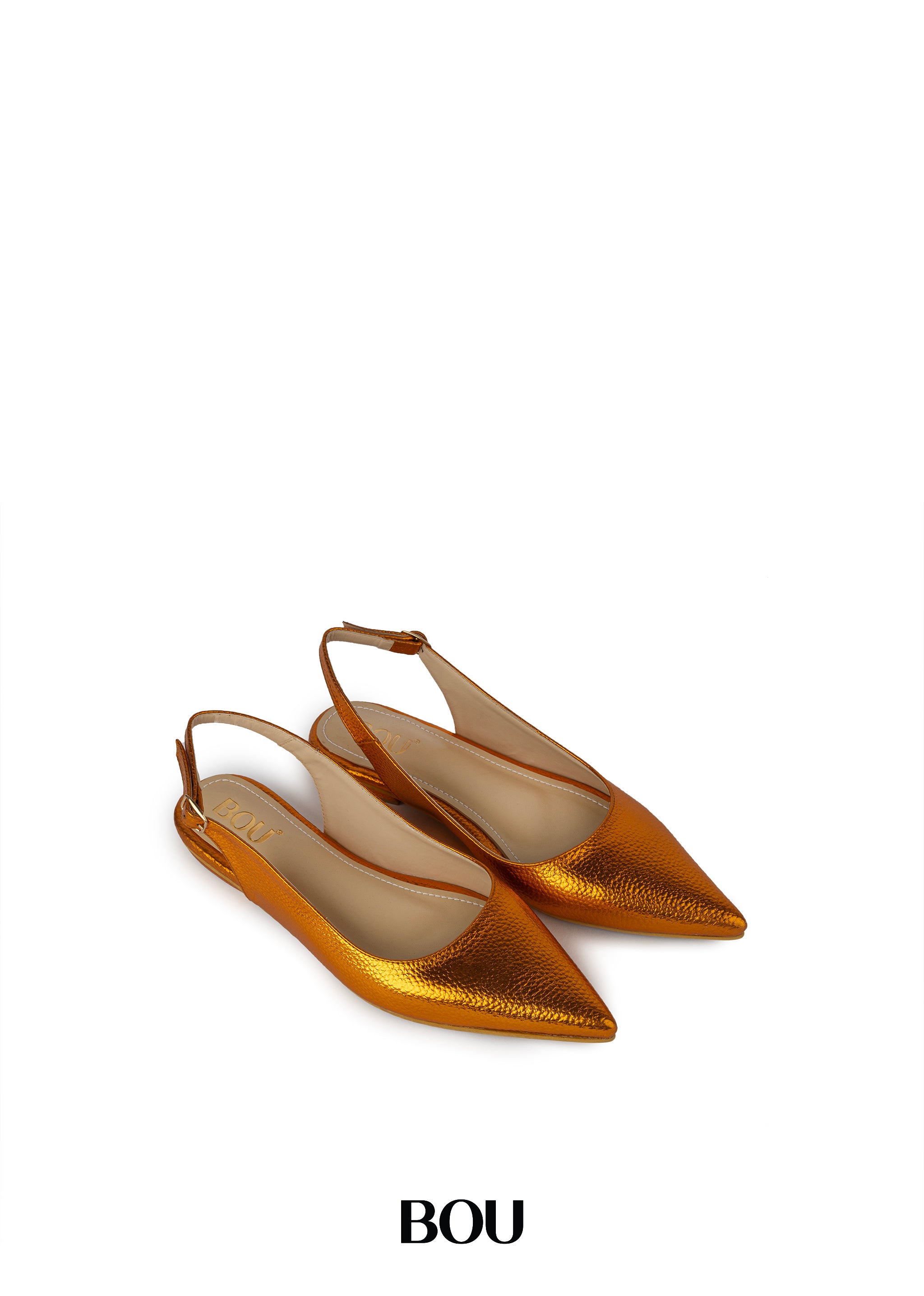 Pointed Toe Sling Back Flats - Shinny Copper