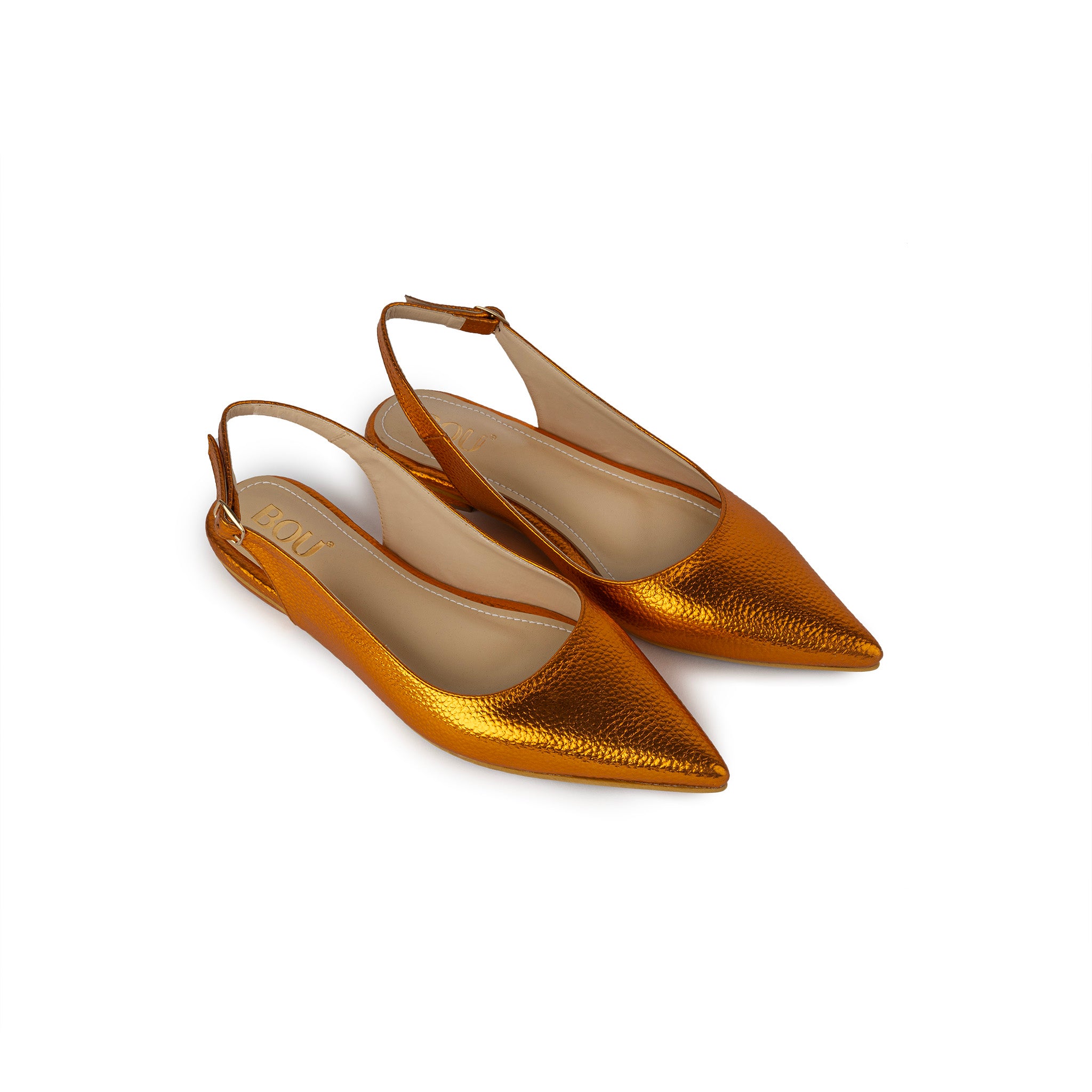 Pointed Toe Sling Back Flats - Shinny Copper