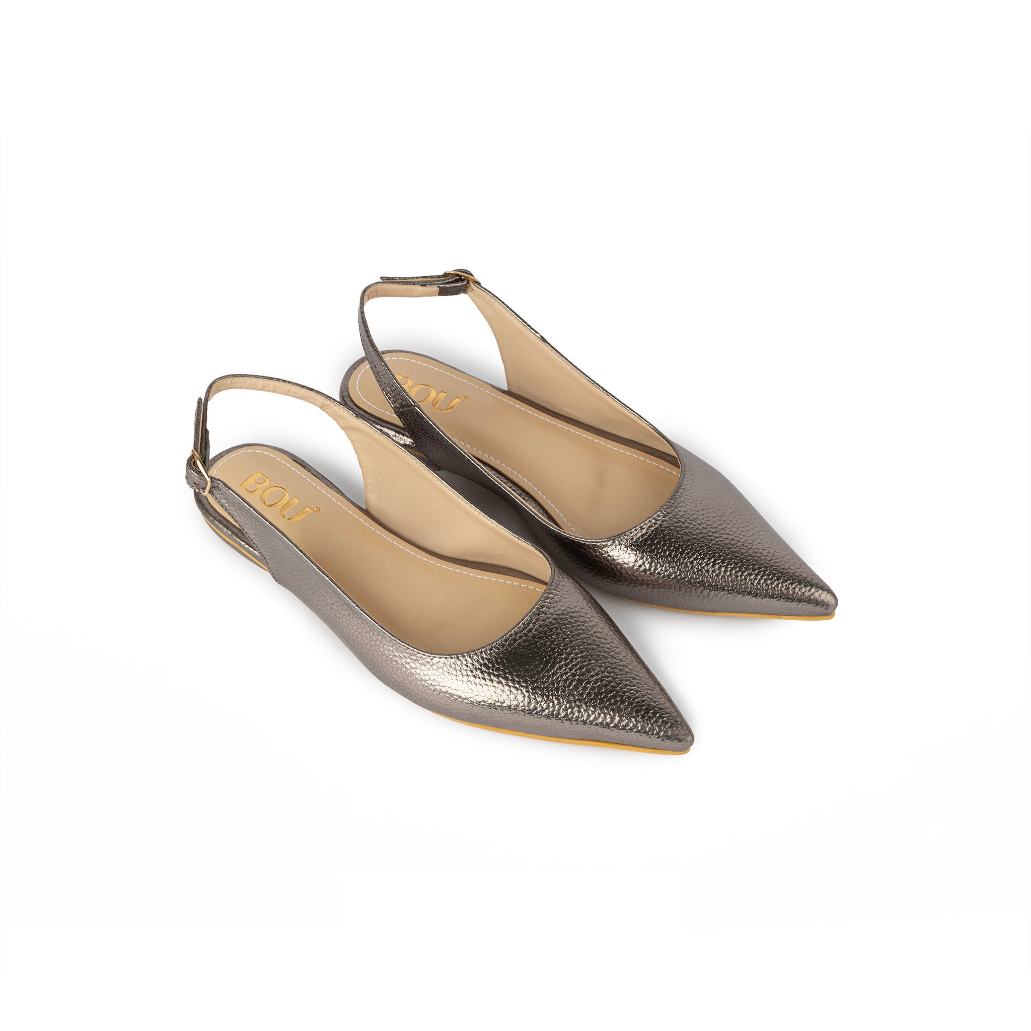 Pointed Toe Sling Back Flats - Shinny Taupe