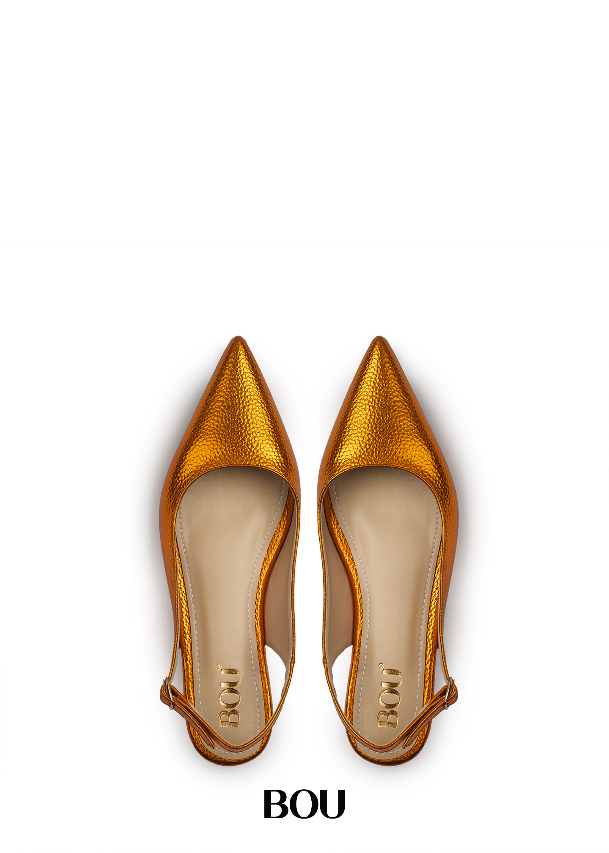 Pointed Toe Sling Back Flats - Shinny Copper
