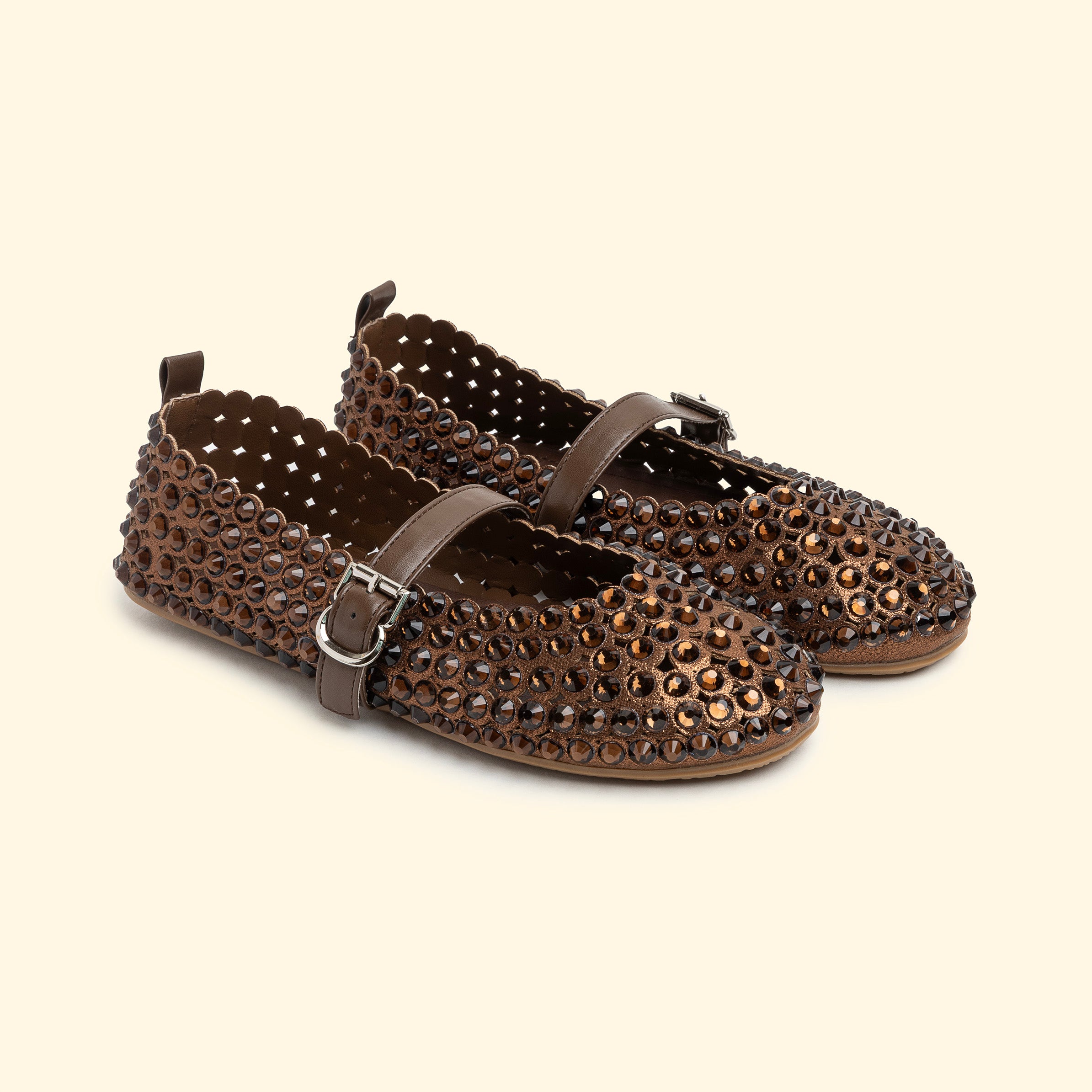New Perforated large crystal Ballet flat - Brown