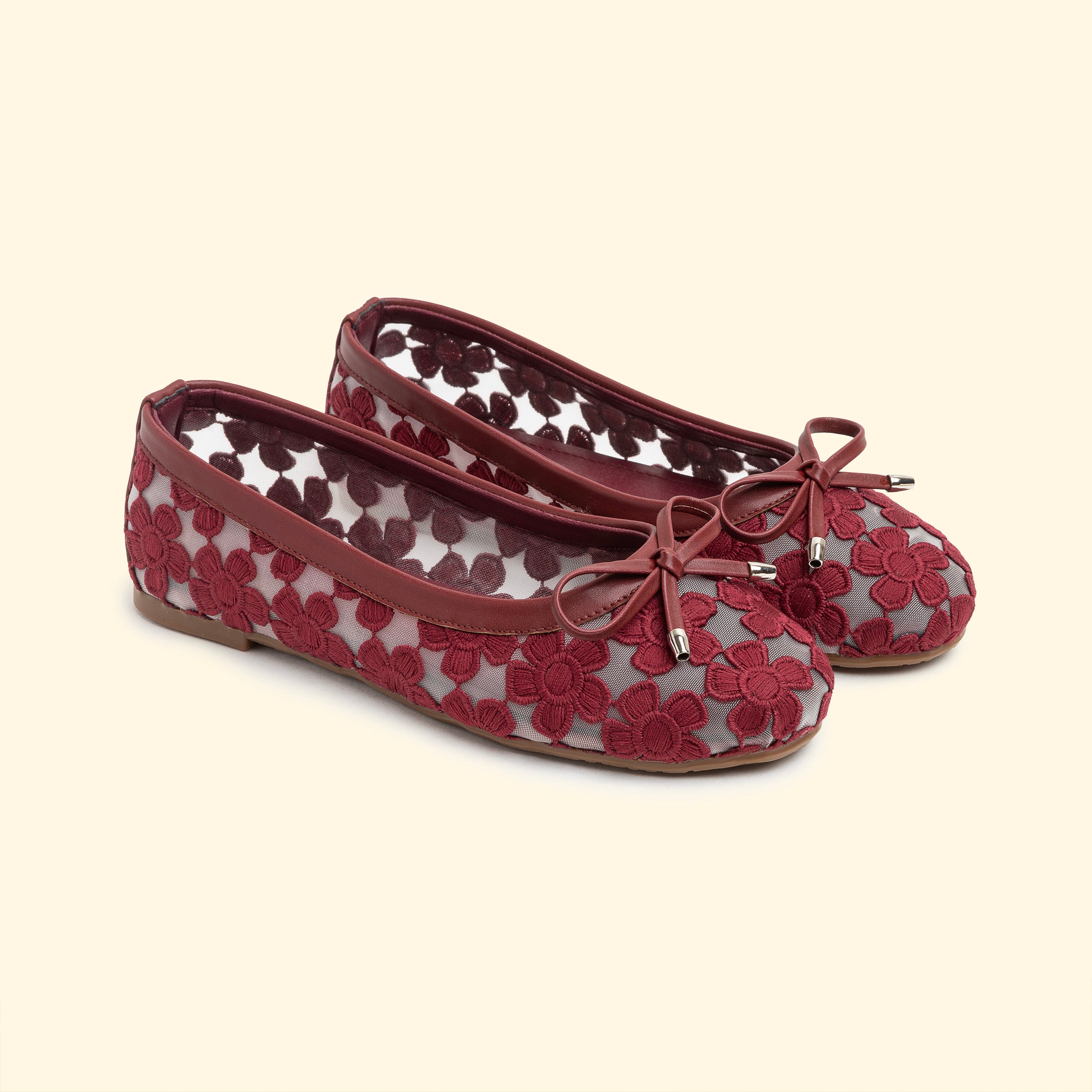 Floral Lace Ballet flat with bow detail - Burgandy