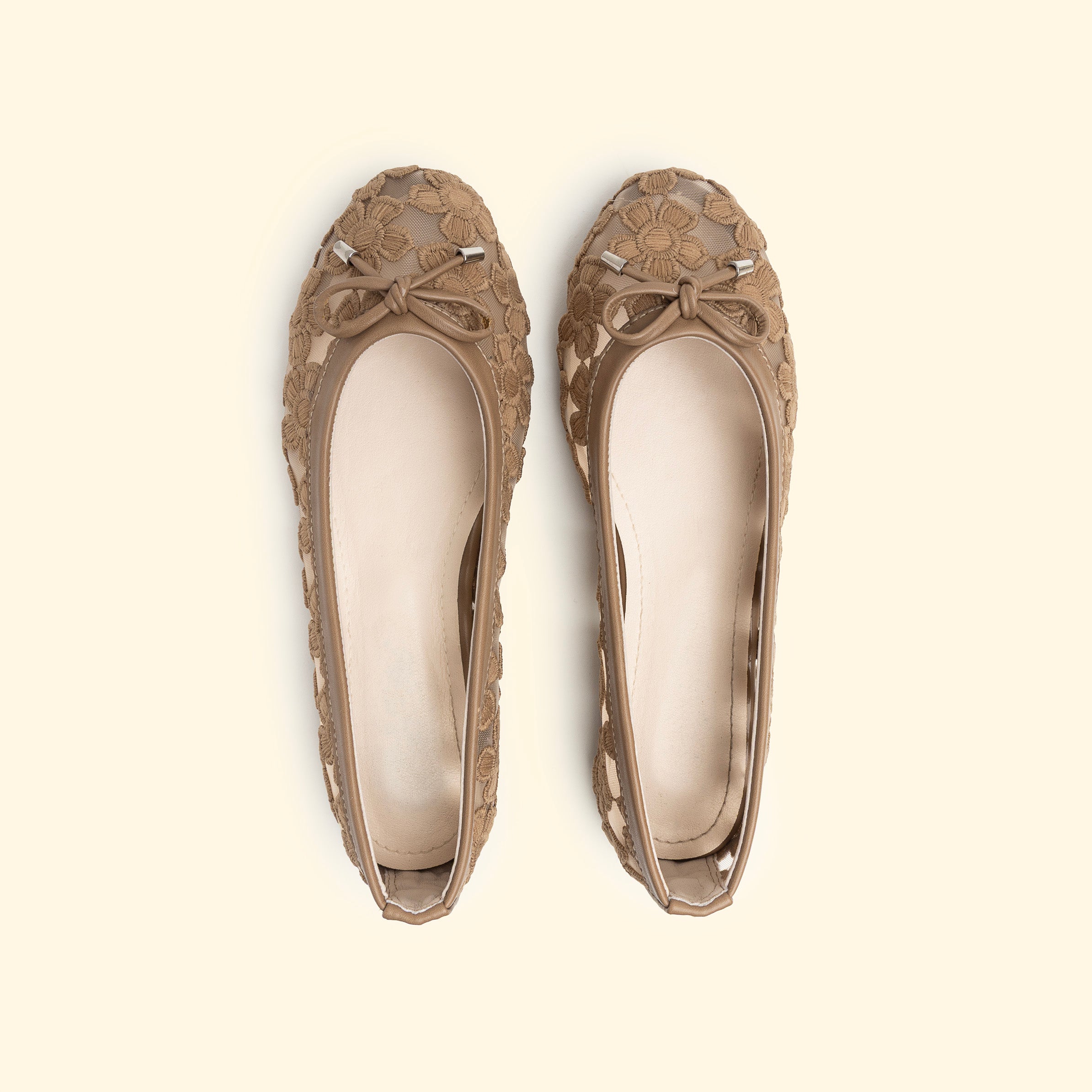 Floral Lace Ballet flat with bow detail - Mocha