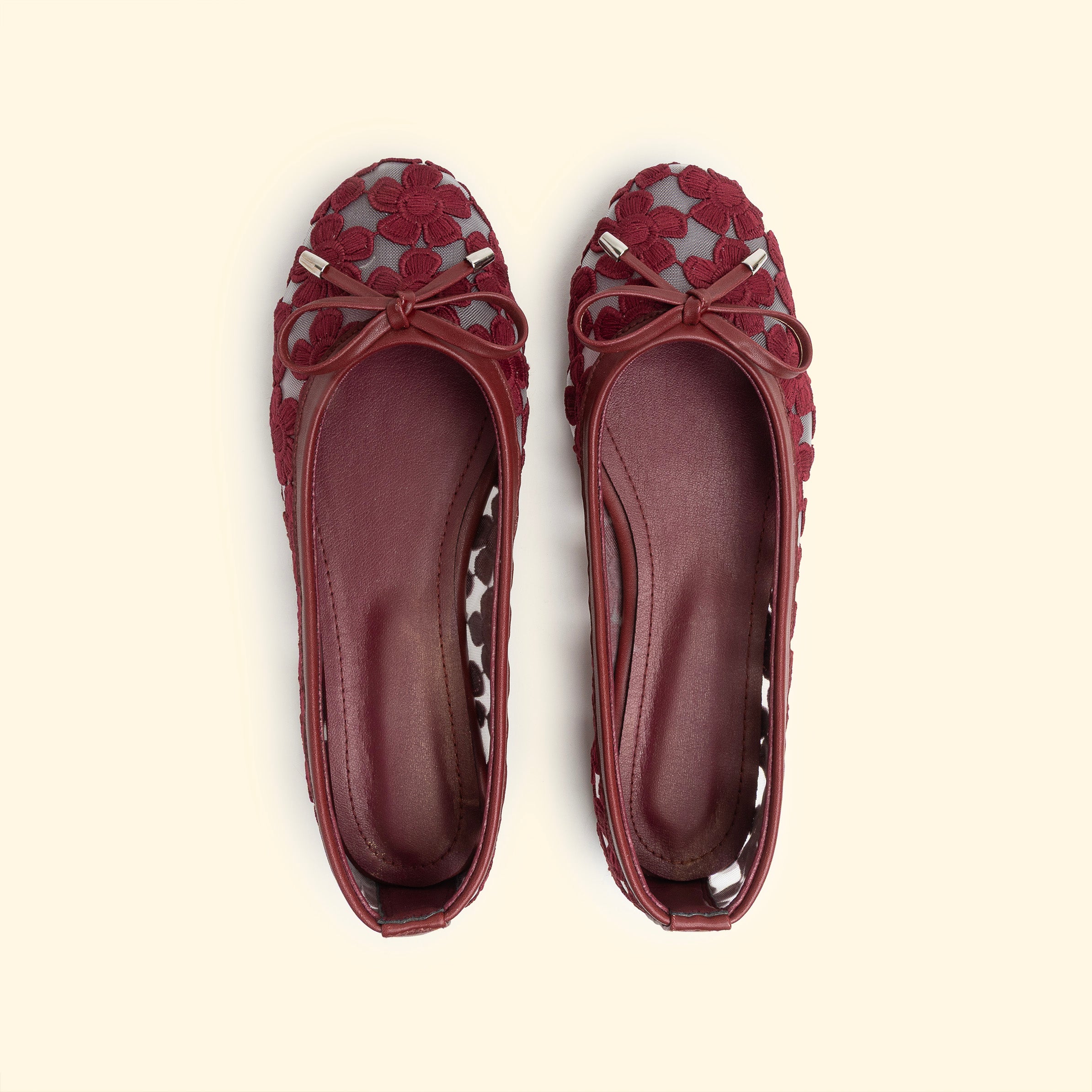 Floral Lace Ballet flat with bow detail - Burgandy
