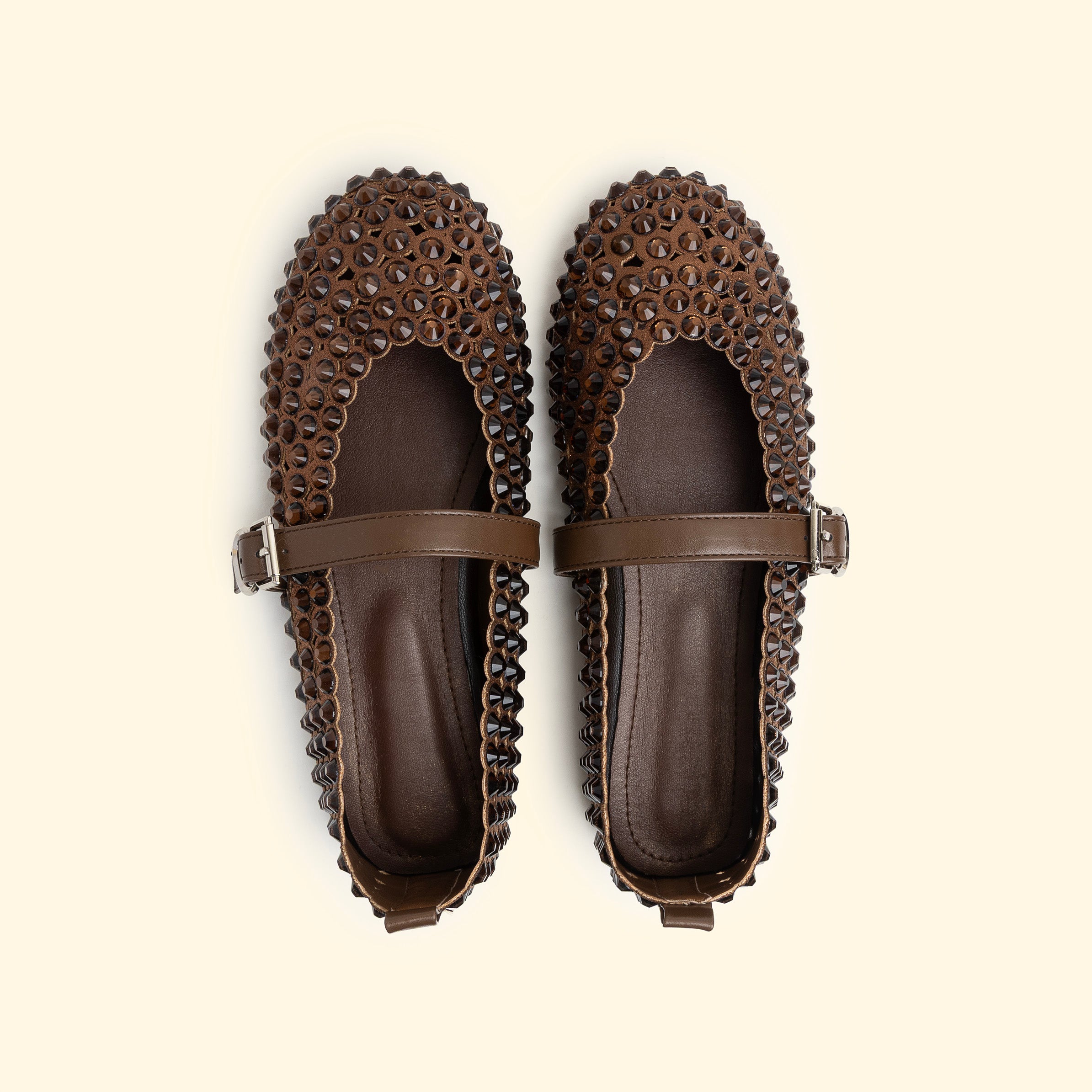 New Perforated large crystal Ballet flat - Brown