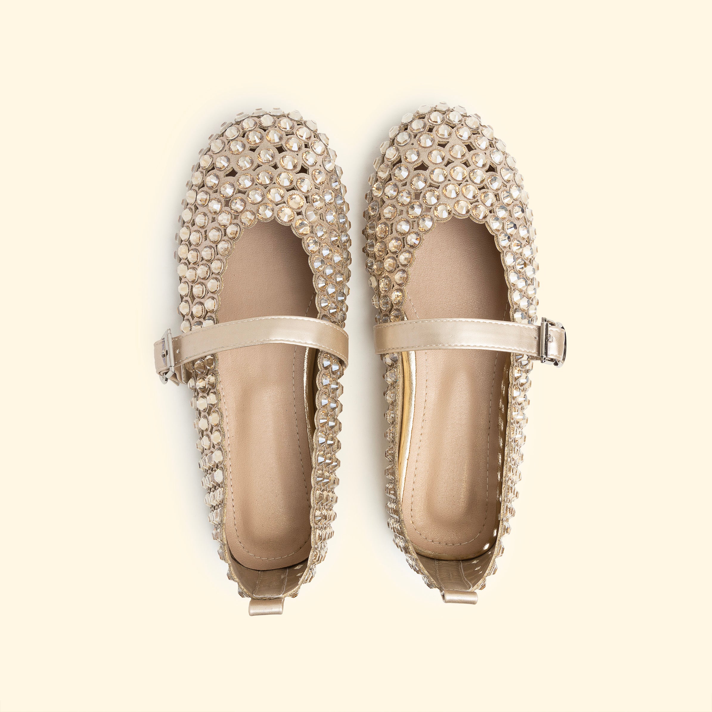 New Perforated large crystal Ballet flat - Gold