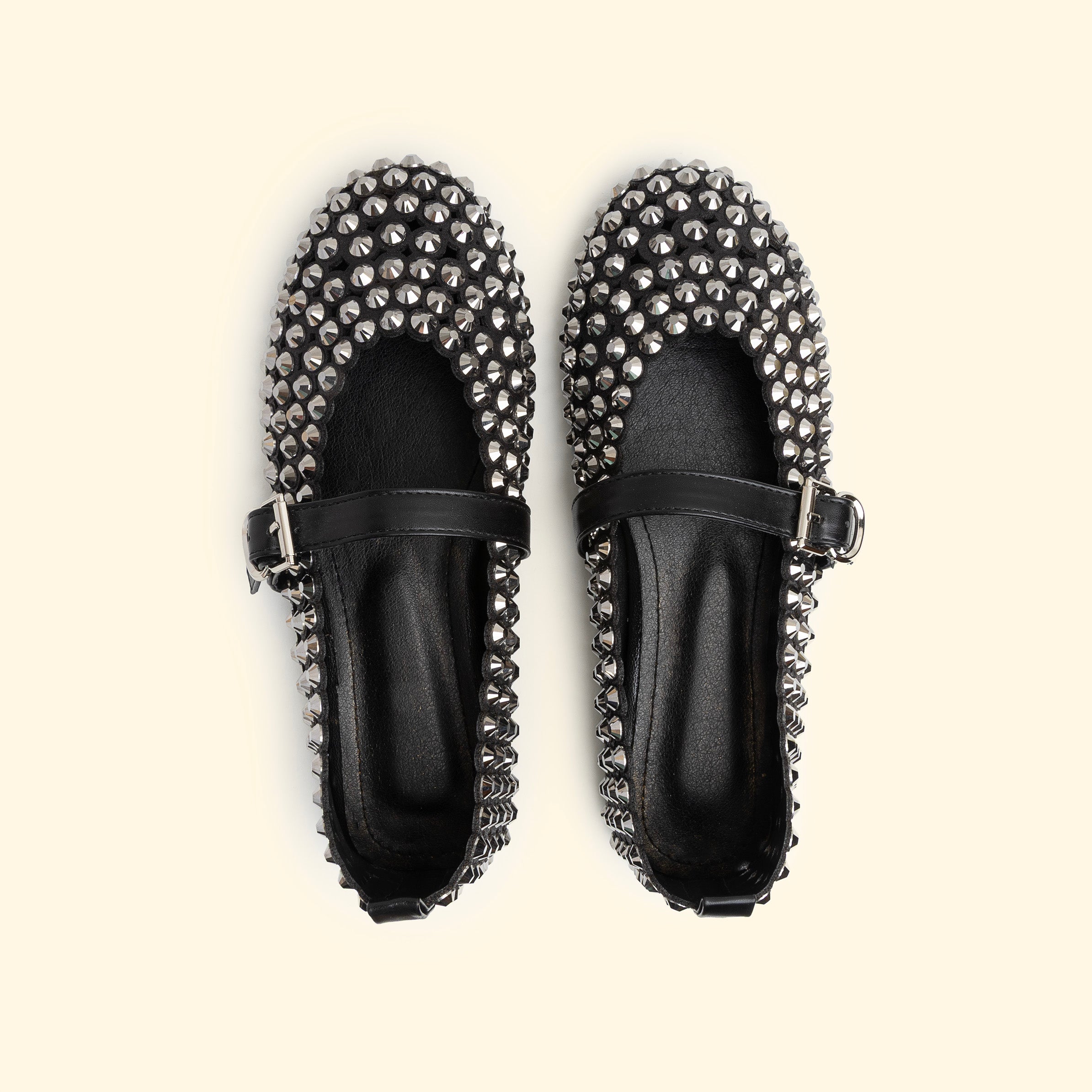 New Perforated large crystal Ballet flat - Black