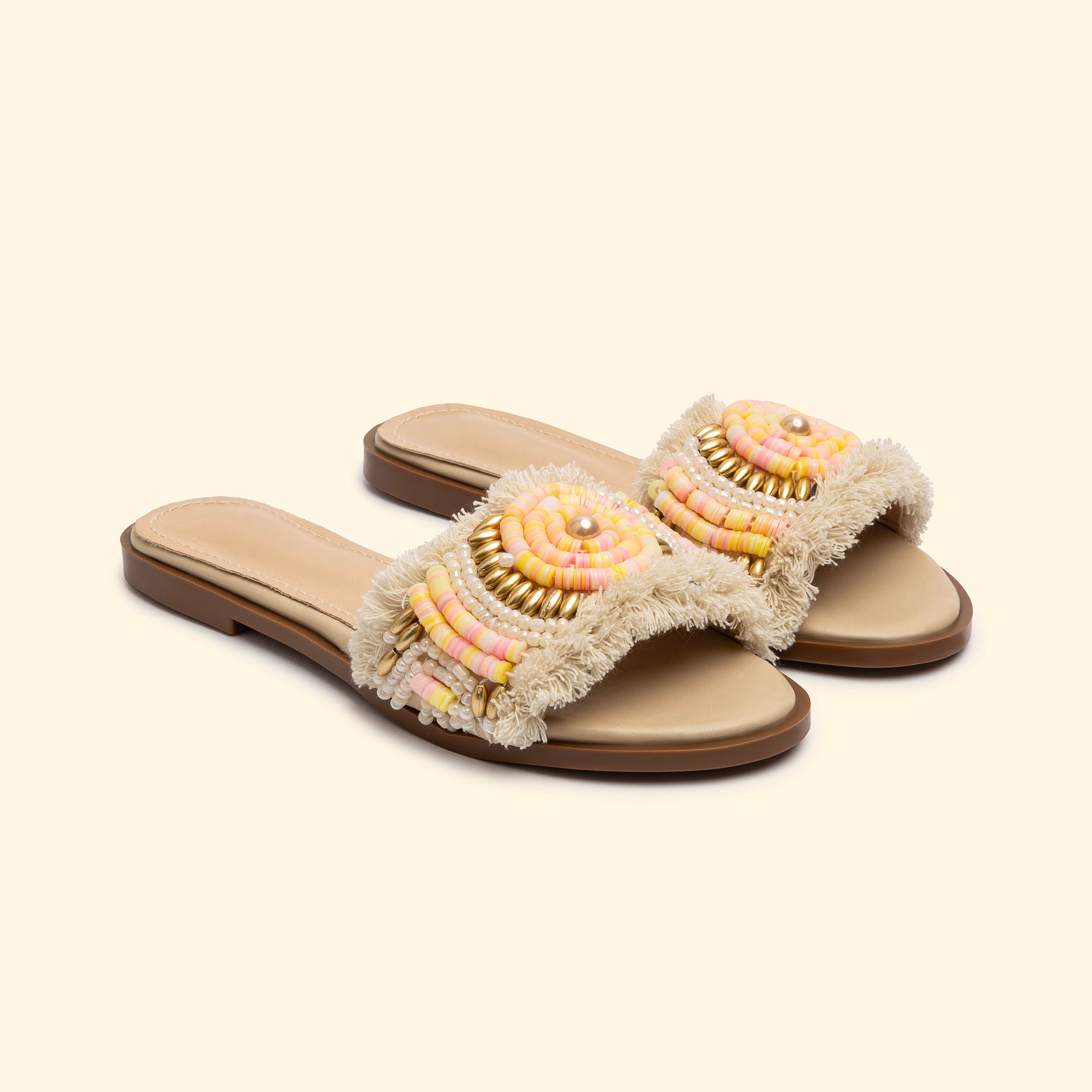 Fiesta Beaded Slides - Beige