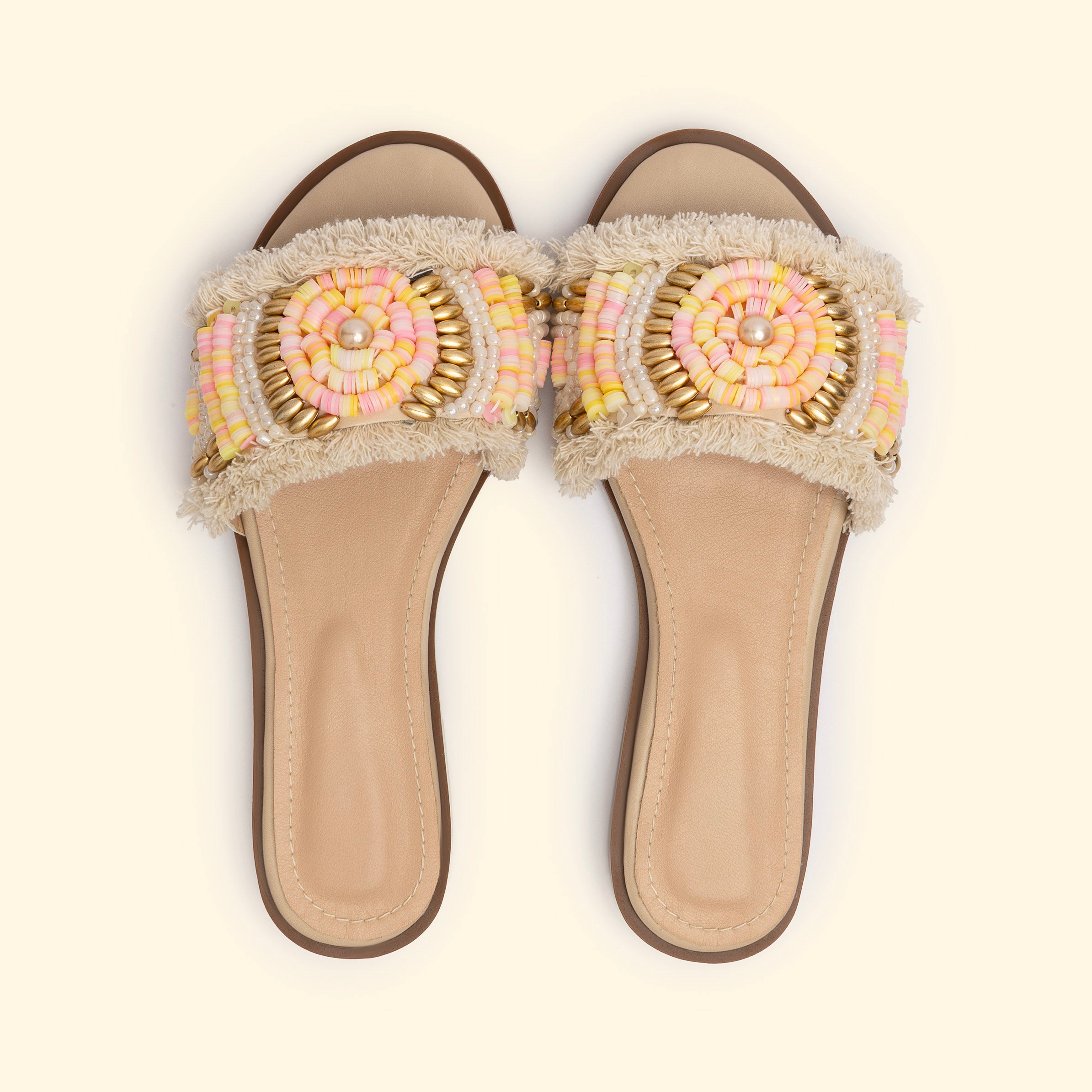 Fiesta Beaded Slides - Beige