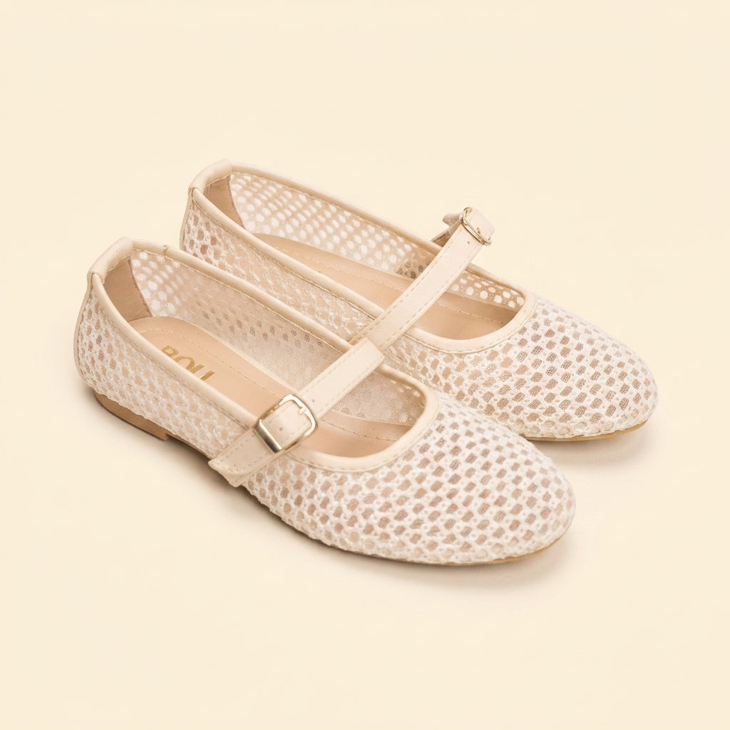 Mesh Strap Ballet Flats - Beige