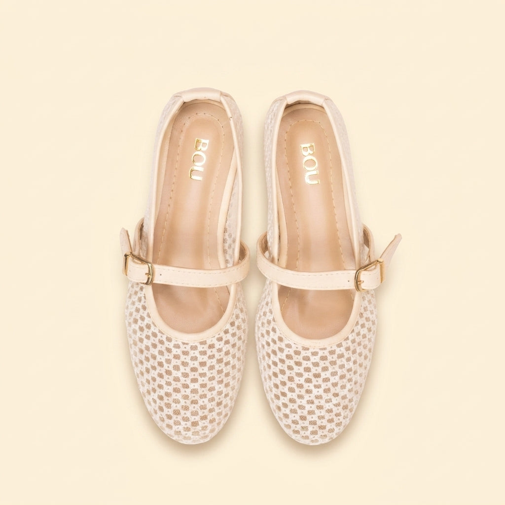 Mesh Strap Ballet Flats - Beige