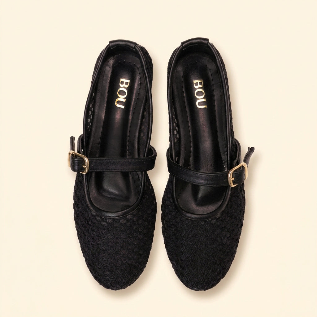 Mesh Strap Ballet Flats - Black