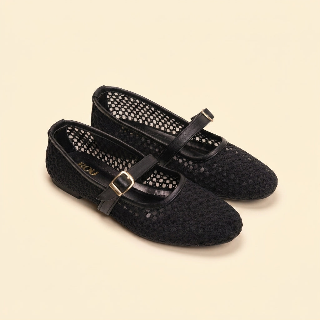 Mesh Strap Ballet Flats - Black