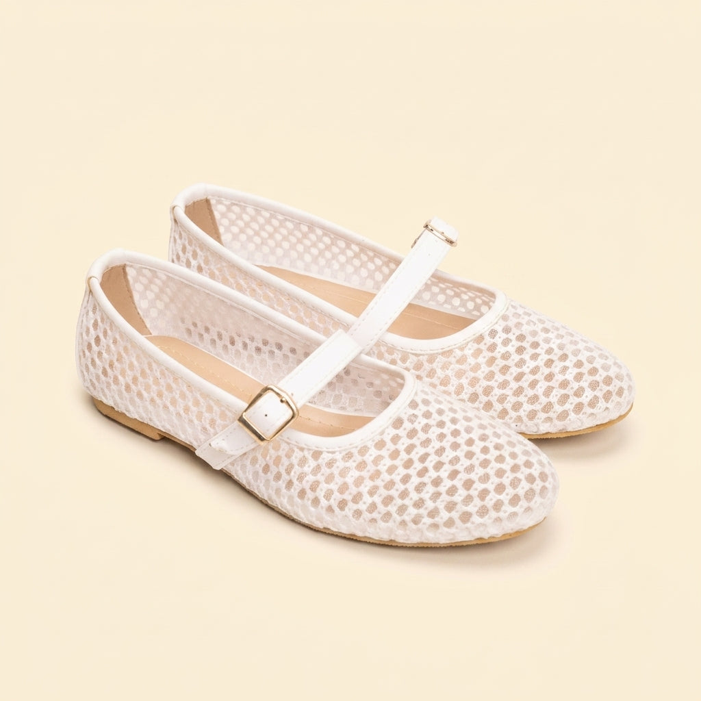 Mesh Strap Ballet Flats - White