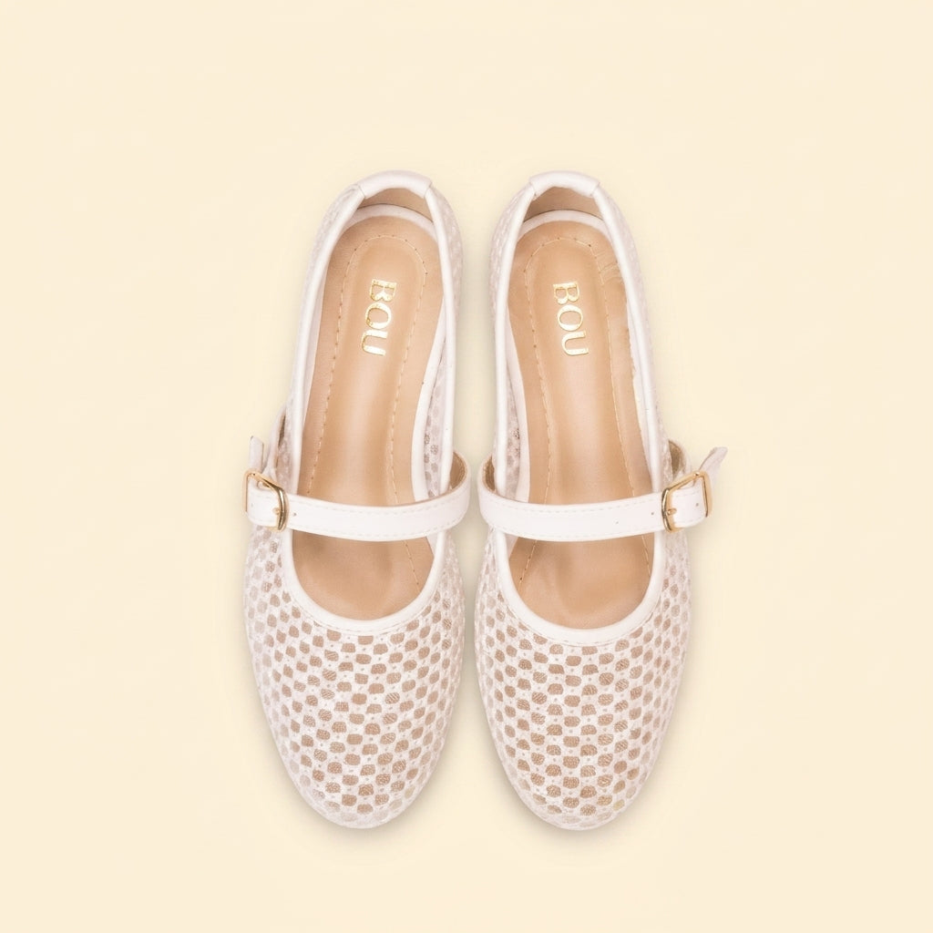 Mesh Strap Ballet Flats - White